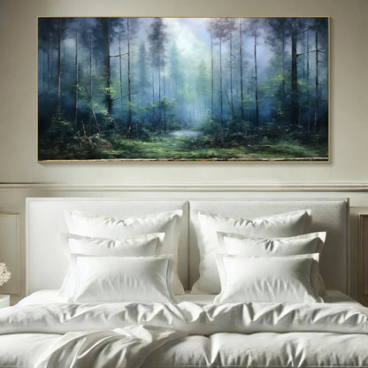 FOREST WHISPERS: Panoramic Misty Forest Oil Painting | Abstract closeup, raised brushwork detail