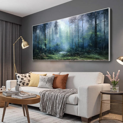 FOREST WHISPERS: Panoramic Misty Forest Oil Painting | gold frame stretched on neutral wall