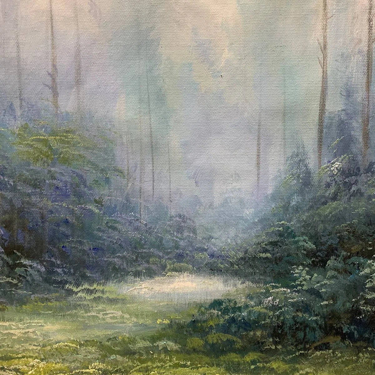 FOREST WHISPERS: Panoramic Misty Forest Oil Painting | rolled canvas, ready for custom framing