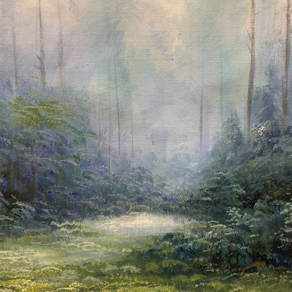 FOREST WHISPERS: Panoramic Misty Forest Oil Painting | rolled canvas, ready for custom framing