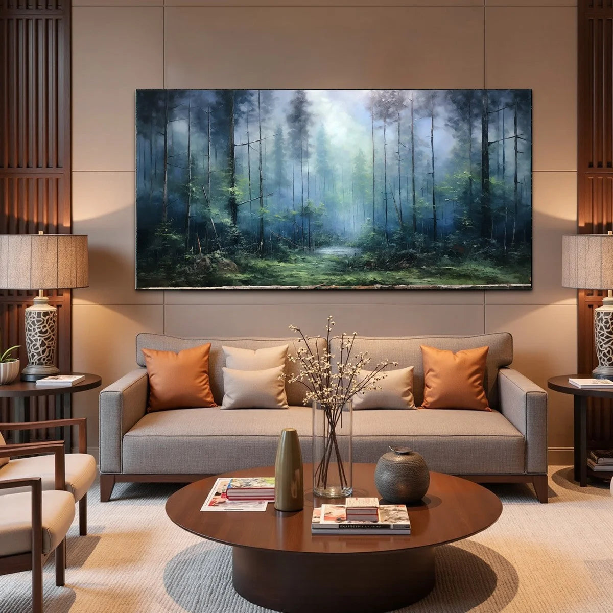 FOREST WHISPERS: Panoramic Misty Forest Oil Painting | black frame version on white wall