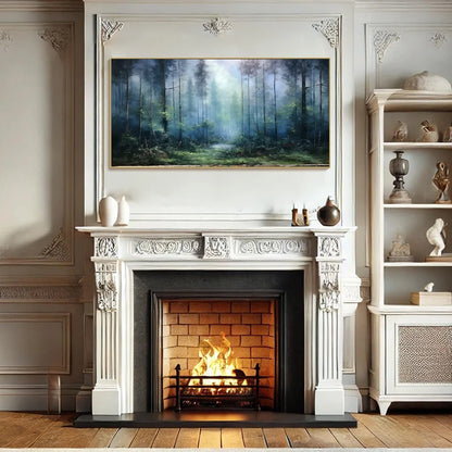 FOREST WHISPERS: Panoramic Misty Forest Oil Painting | Abstract mood, soft natural light studio shot