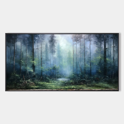 FOREST WHISPERS: Panoramic Misty Forest Oil Painting | hanging in FOREST WHISPERS: Panoramic Misty Forest Oil Painting featuring layered textured brushwork in refined tones; abstract composition wi...