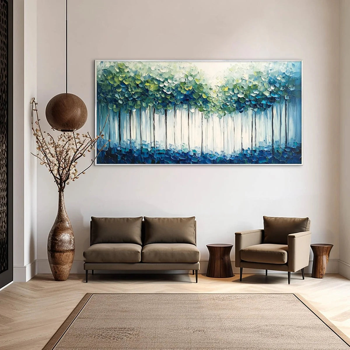 FOREST WHISPERS: Textured Panoramic Oil Painting | gold frame stretched on neutral wall