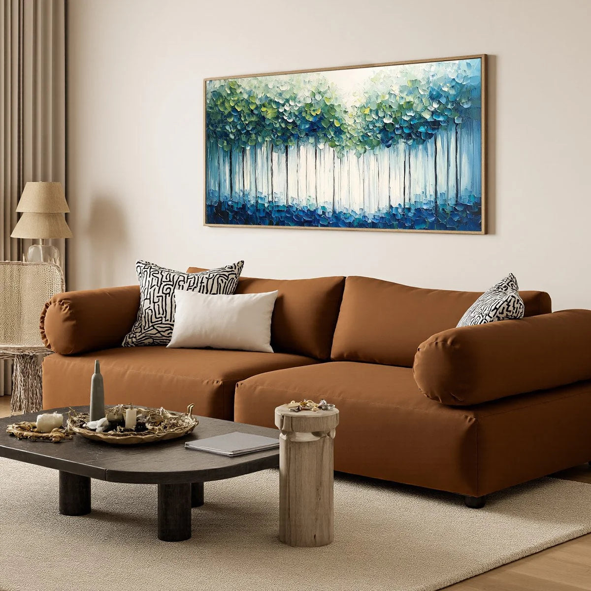 FOREST WHISPERS: Textured Panoramic Oil Painting | Abstract mood, soft natural light studio shot