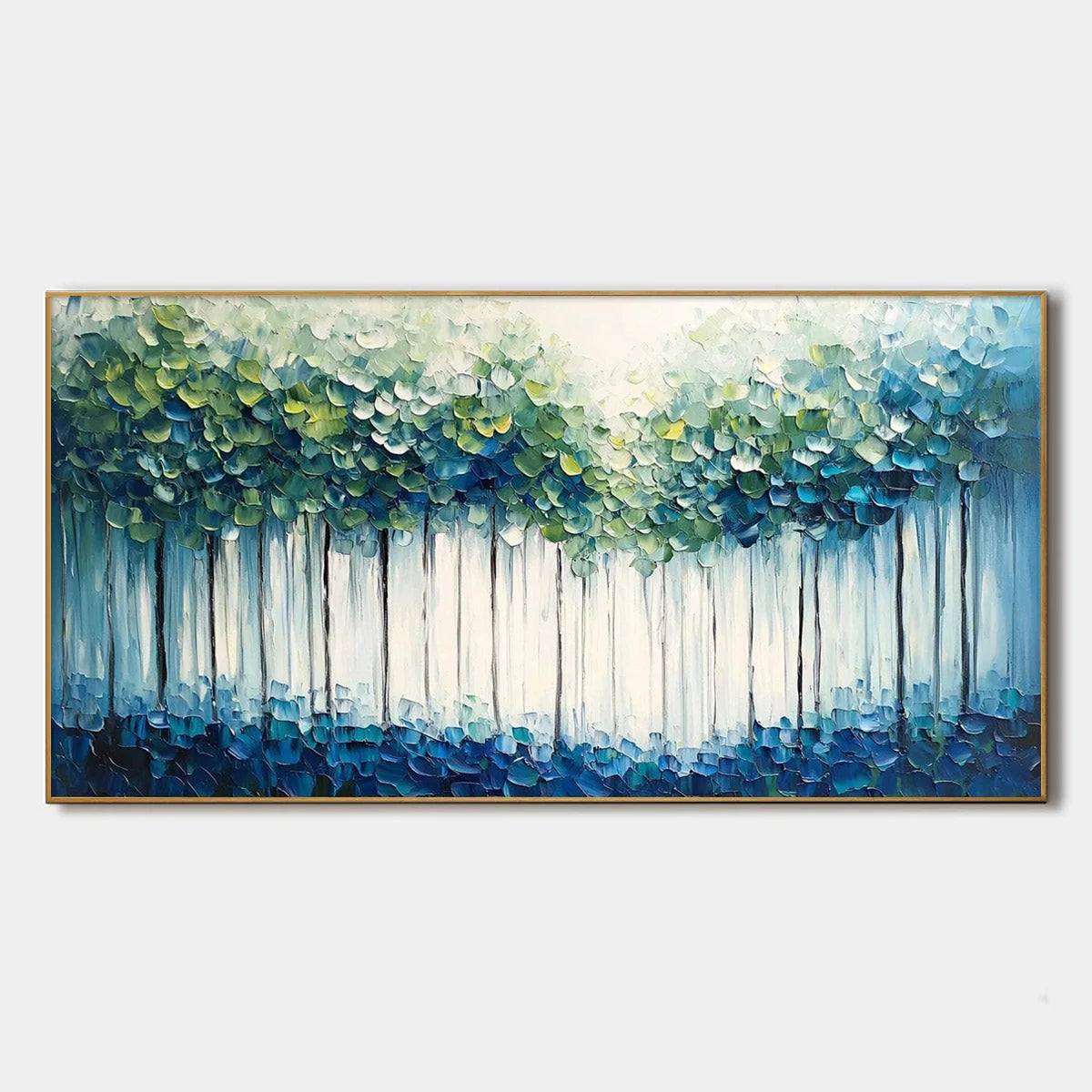 FOREST WHISPERS: Textured Panoramic Oil Painting | hanging in FOREST WHISPERS: Textured Panoramic Oil Painting featuring layered textured brushwork in refined tones; abstract composition with rich ...