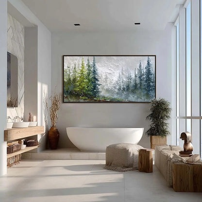 FOREST'S BREATH: Textured Horizontal Forest Landscape Painting | gold frame stretched on neutral wall