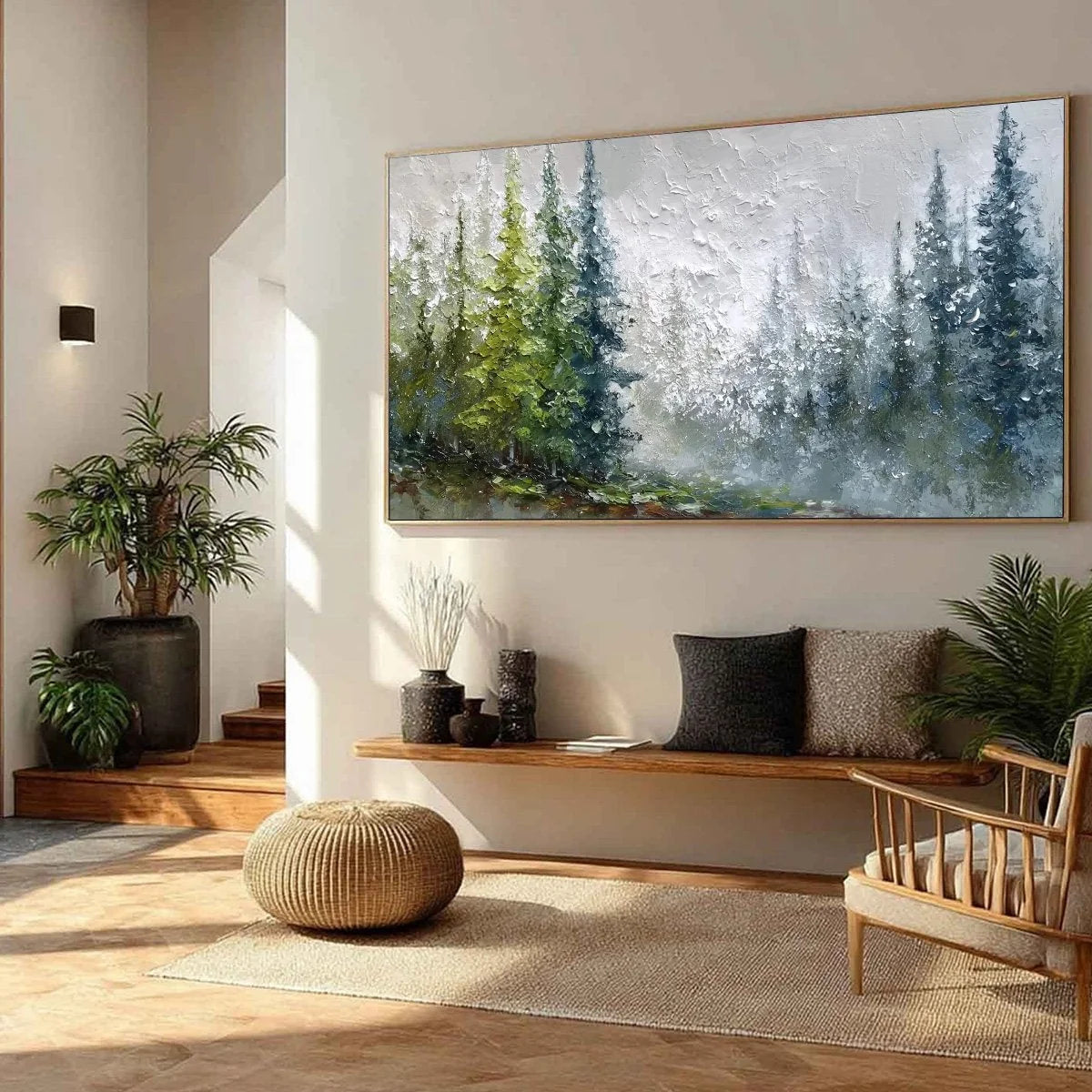 FOREST'S BREATH: Textured Horizontal Forest Landscape Painting | green palette, original Hand-painted on premium stretched canvas using artist-grade oils; rich layered surface combines smooth gradi...
