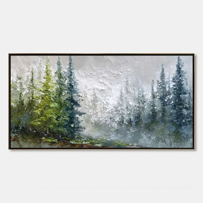 FOREST'S BREATH: Textured Horizontal Forest Landscape Painting | hanging in FOREST'S BREATH: Textured Horizontal Forest Landscape Painting featuring layered textured brushwork in refined tones; lan...