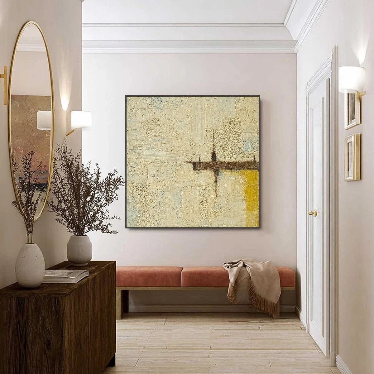FOUNDATION: Wabi-Sabi Inspired Textured Abstract Oil Painting | gold frame stretched on neutral wall