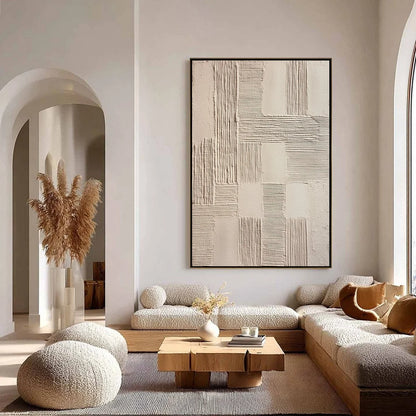FOUNDATIONS: Textured Minimalist Abstract Painting in Beige | gold frame stretched on neutral wall