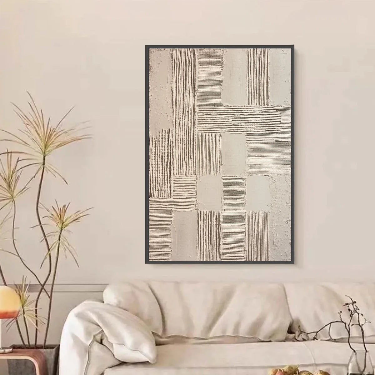 FOUNDATIONS: Textured Minimalist Abstract Painting in Beige | black frame version on white wall