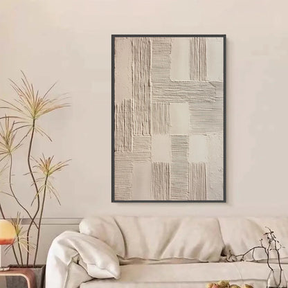 FOUNDATIONS: Textured Minimalist Abstract Painting in Beige | black frame version on white wall