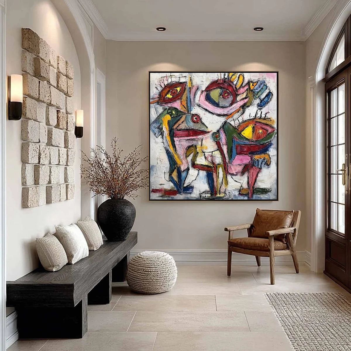 FRACTURED GAZE: Colorful Textured Abstract Figurative Impasto Wall Art | gold frame stretched on neutral wall