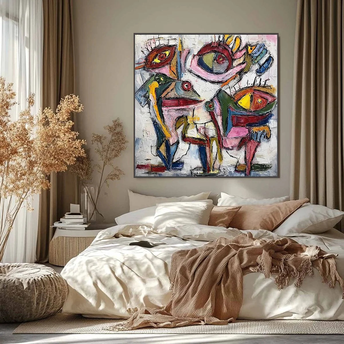 FRACTURED GAZE: Colorful Textured Abstract Figurative Impasto Wall Art | black frame version on white wall