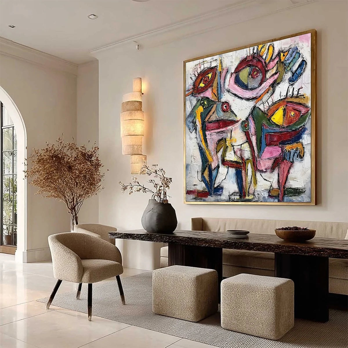 FRACTURED GAZE: Colorful Textured Abstract Figurative Impasto Wall Art | beige palette, original Hand-painted on premium stretched canvas using artist-grade oils; rich layered surface combines smoo...