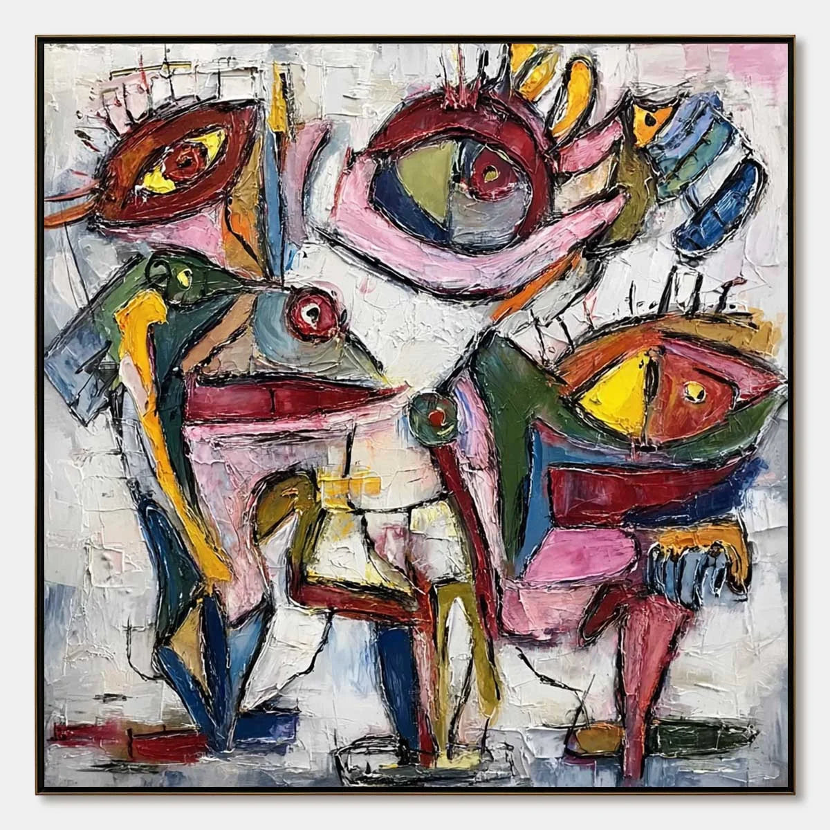 FRACTURED GAZE: Colorful Textured Abstract Figurative Impasto Wall Art | hanging in FRACTURED GAZE: Colorful Textured Abstract Figurative Impasto Wall Art featuring layered textured brushwork in re...