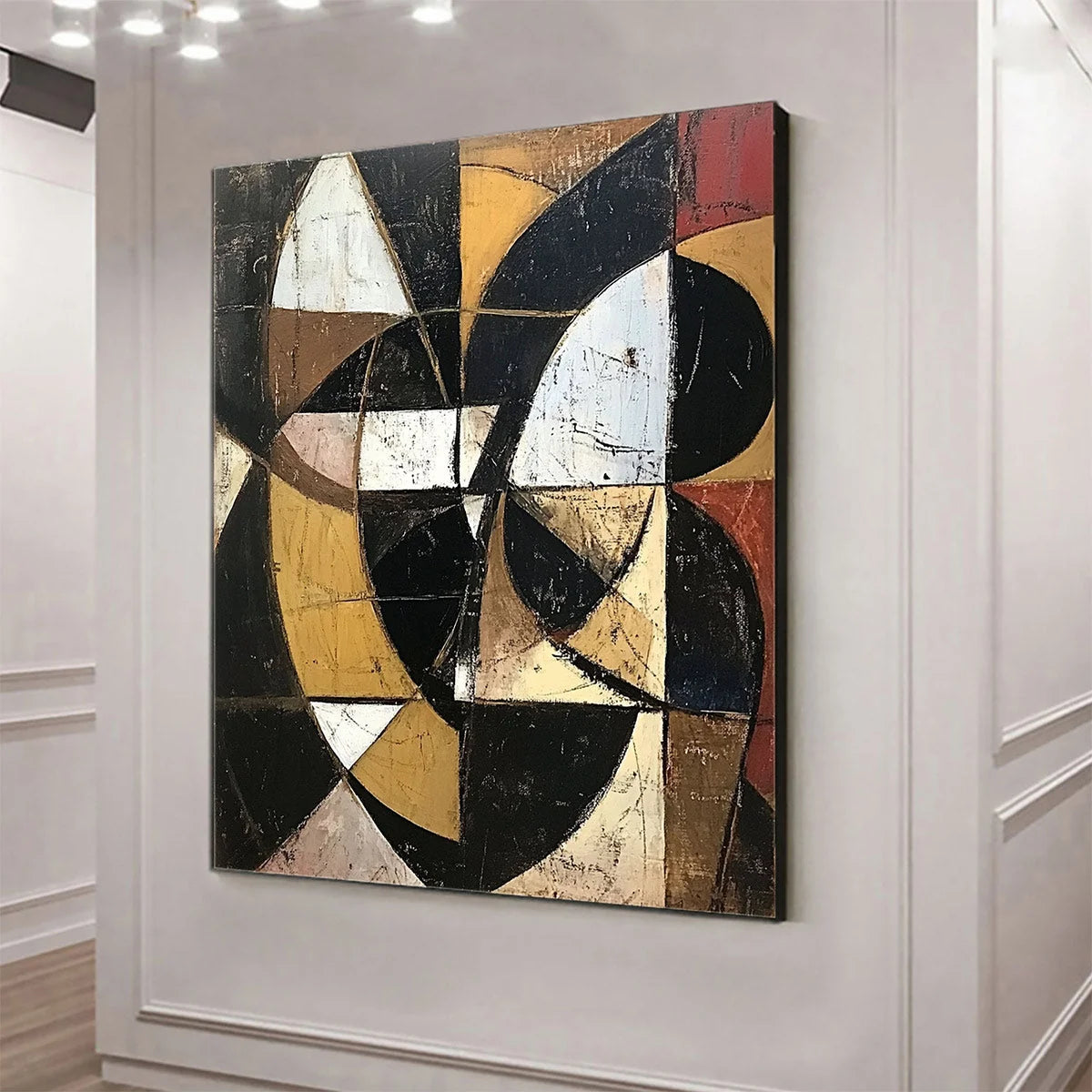FRACTURED RHYTHM: Textured Geometric Abstract Oil Painting | gold frame stretched on neutral wall