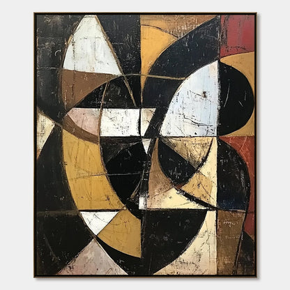 FRACTURED RHYTHM: Textured Geometric Abstract Oil Painting | hanging in FRACTURED RHYTHM: Textured Geometric Abstract Oil Painting featuring layered textured brushwork in refined tones; abstract co...