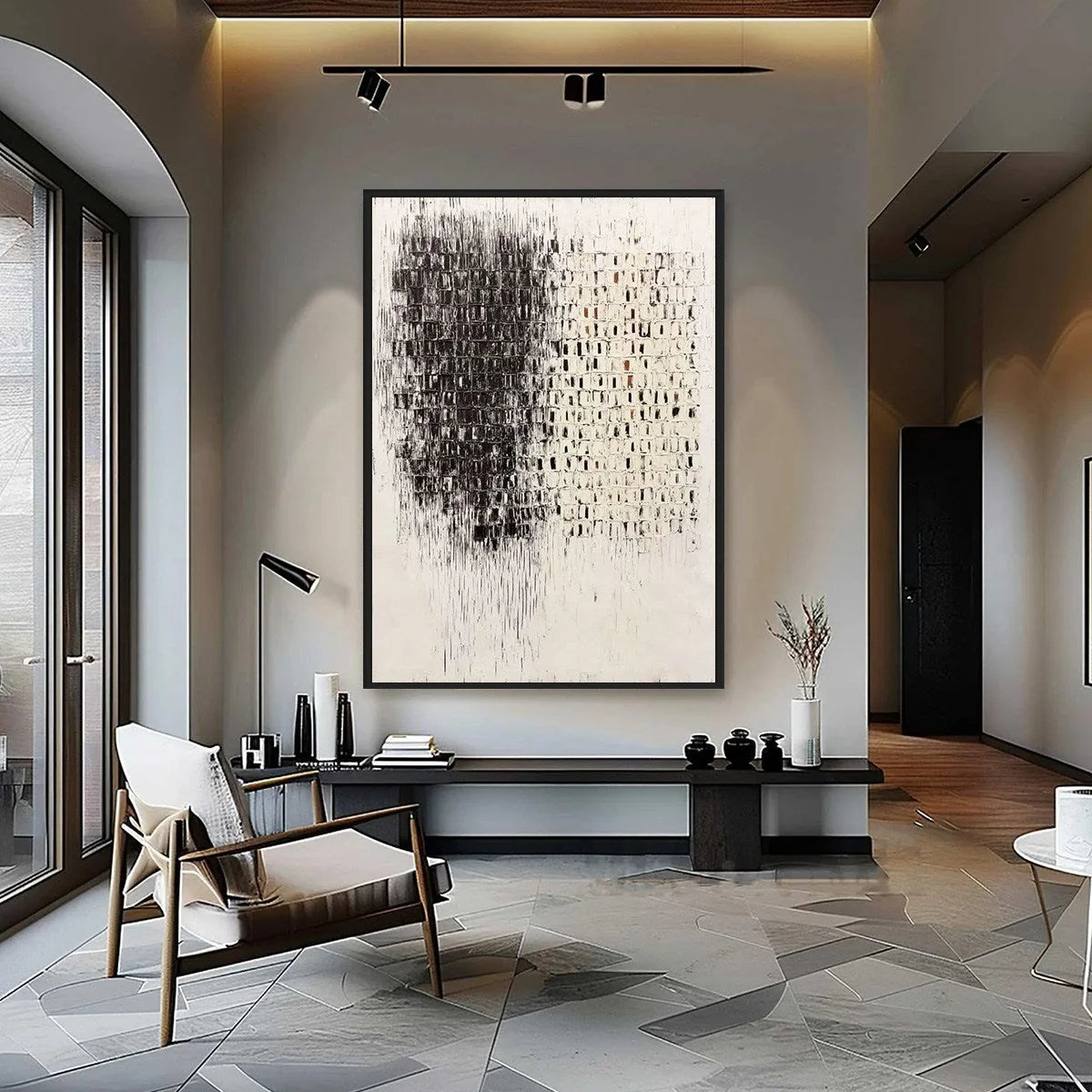 FRAGMENT: Textured Minimalist Black and White Architectural Painting | Minimalist closeup, raised brushwork detail