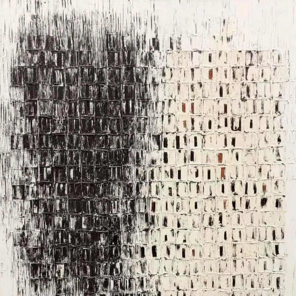 FRAGMENT: Textured Minimalist Black and White Architectural Painting | rectangular format, hand-painted canvas edge
