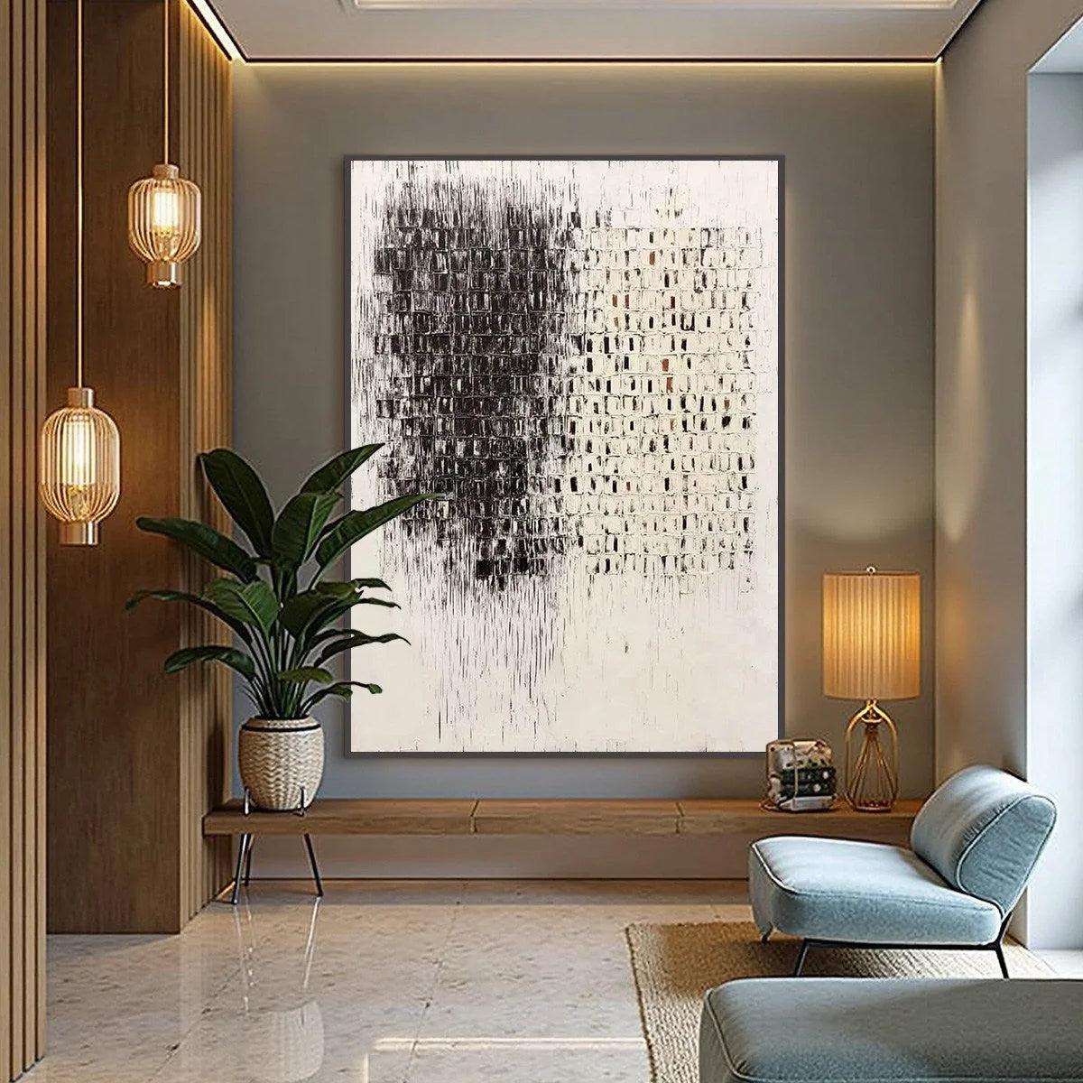 FRAGMENT: Textured Minimalist Black and White Architectural Painting | gold frame stretched on neutral wall