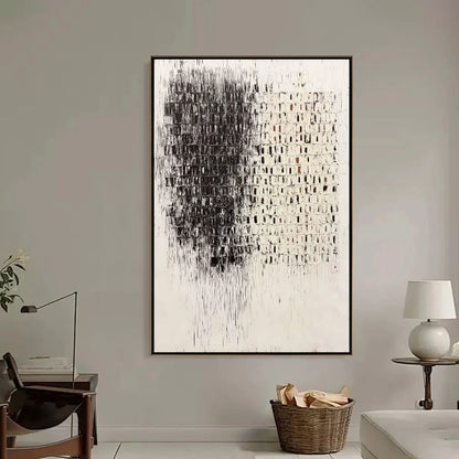 FRAGMENT: Textured Minimalist Black and White Architectural Painting | black frame version on white wall