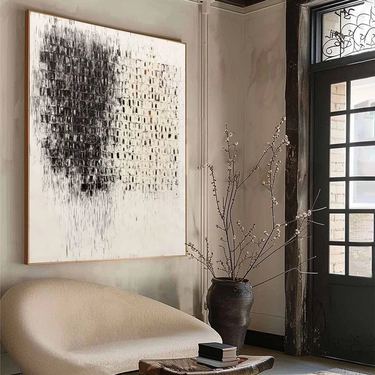 FRAGMENT: Textured Minimalist Black and White Architectural Painting | beige palette, original Hand-painted on premium stretched canvas using artist-grade oils; rich layered surface combines smooth...