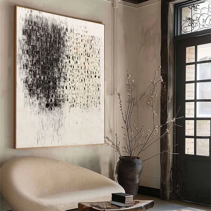 FRAGMENT: Textured Minimalist Black and White Architectural Painting | beige palette, original Hand-painted on premium stretched canvas using artist-grade oils; rich layered surface combines smooth...