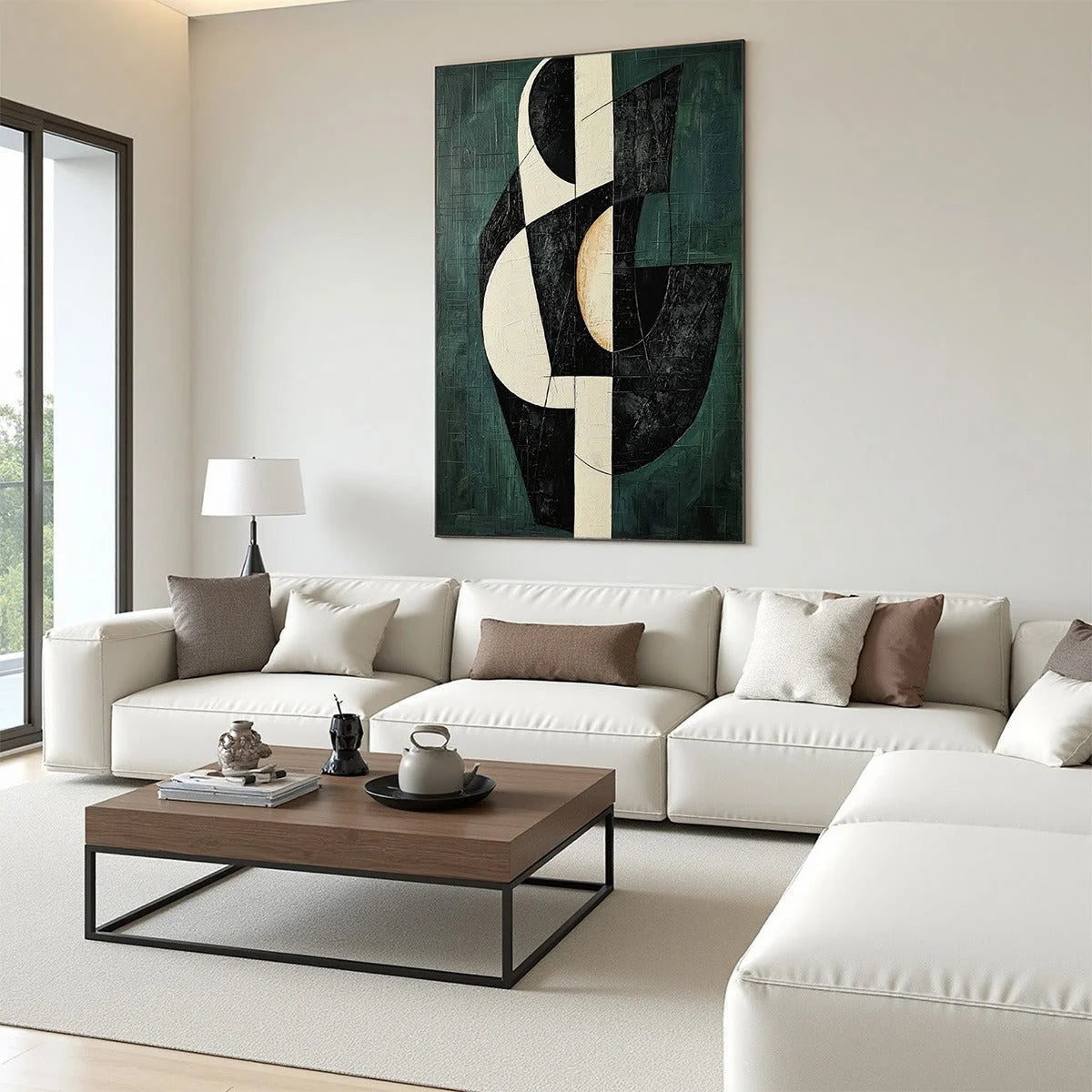 FRAGMENTED FORMS: Textured Geometric Abstract Oil Painting | gold frame stretched on neutral wall