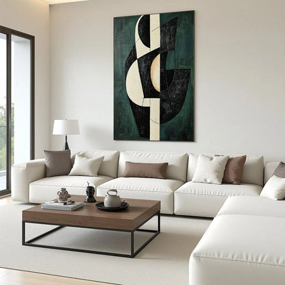 FRAGMENTED FORMS: Textured Geometric Abstract Oil Painting | gold frame stretched on neutral wall