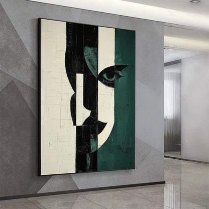 FRAGMENTED GAZE: Textured Abstract Portrait Painting | gold frame stretched on neutral wall