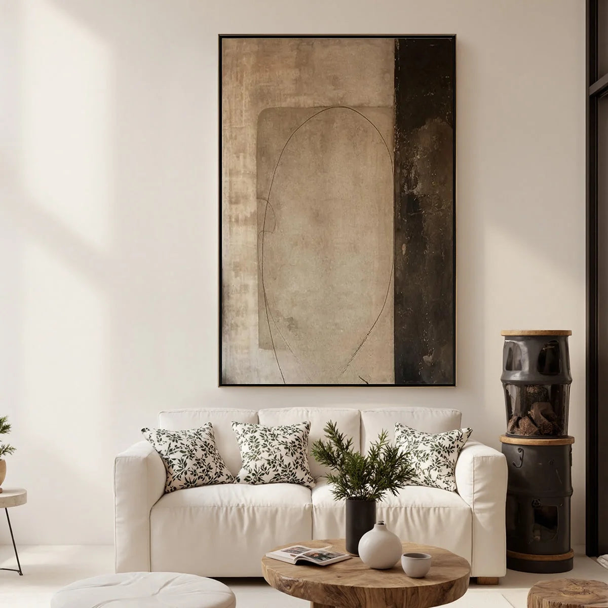 FRAGMENTED MEMORY: Wabi Sabi Style Textured Abstract Painting | gold frame stretched on neutral wall