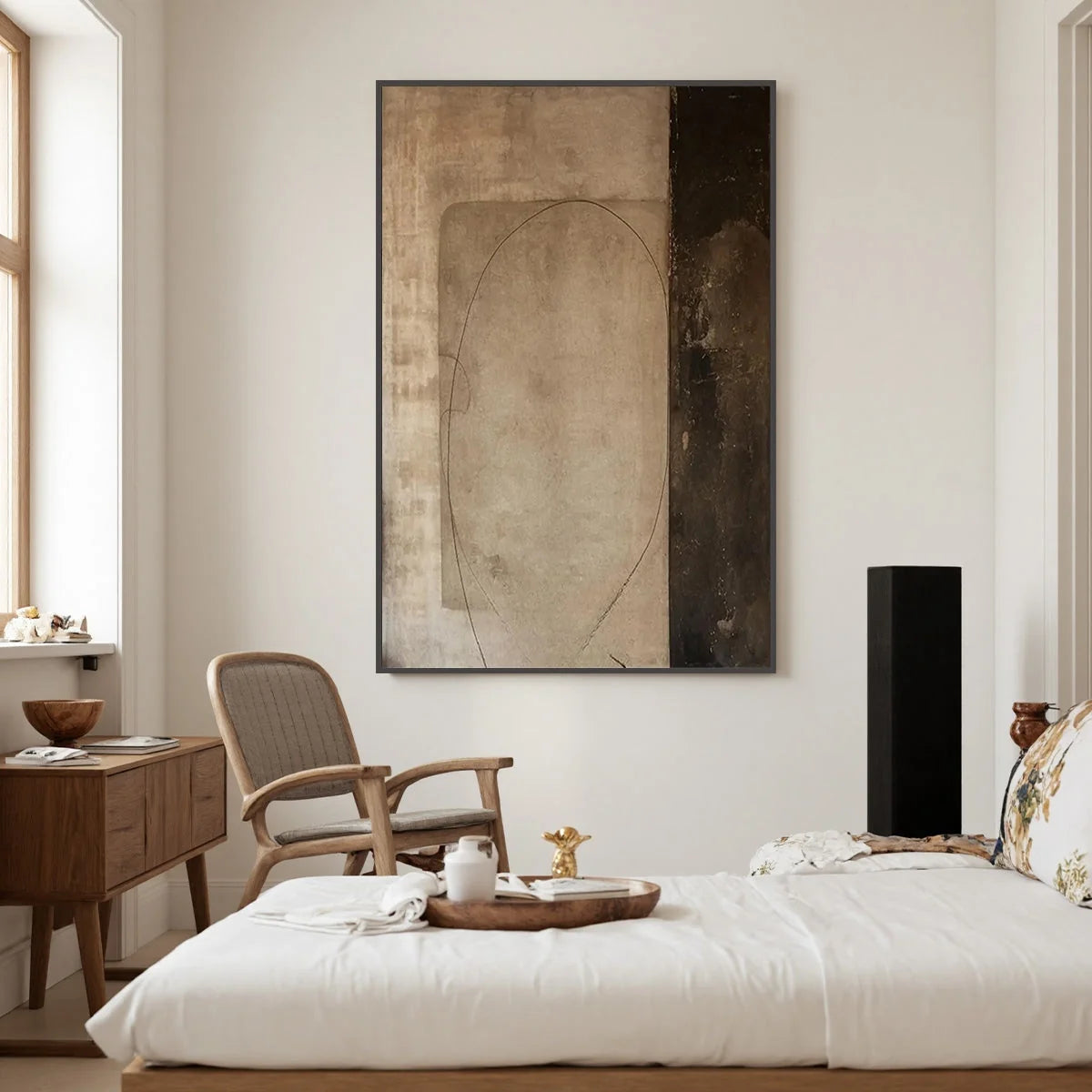 FRAGMENTED MEMORY: Wabi Sabi Style Textured Abstract Painting | black frame version on white wall