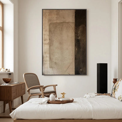 FRAGMENTED MEMORY: Wabi Sabi Style Textured Abstract Painting | black frame version on white wall