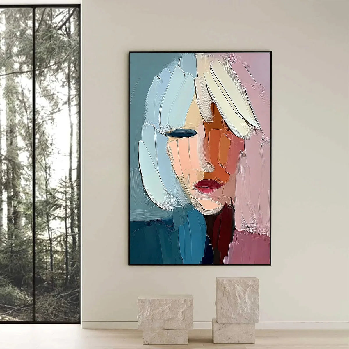 FRAGMENTED SERENITY: Colorful Abstract Portrait Impasto Oil Painting | Figurative closeup, raised brushwork detail