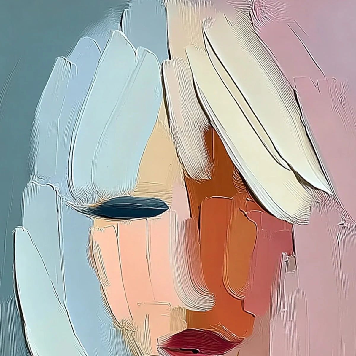 FRAGMENTED SERENITY: Colorful Abstract Portrait Impasto Oil Painting | rectangular format, hand-painted canvas edge