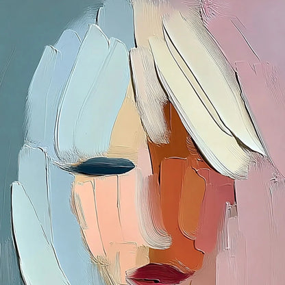FRAGMENTED SERENITY: Colorful Abstract Portrait Impasto Oil Painting | rectangular format, hand-painted canvas edge