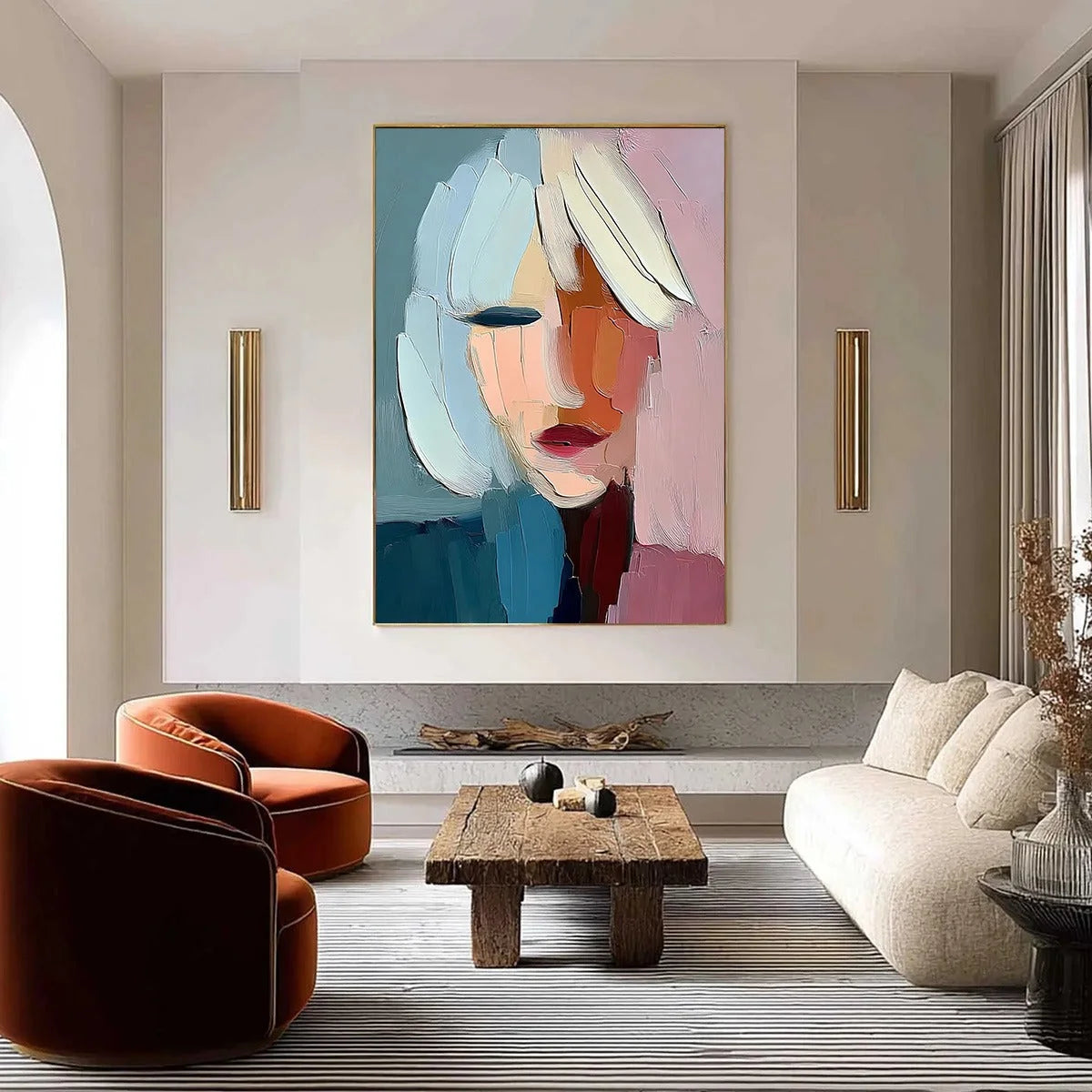 FRAGMENTED SERENITY: Colorful Abstract Portrait Impasto Oil Painting | gold frame stretched on neutral wall