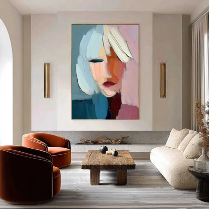 FRAGMENTED SERENITY: Colorful Abstract Portrait Impasto Oil Painting | gold frame stretched on neutral wall