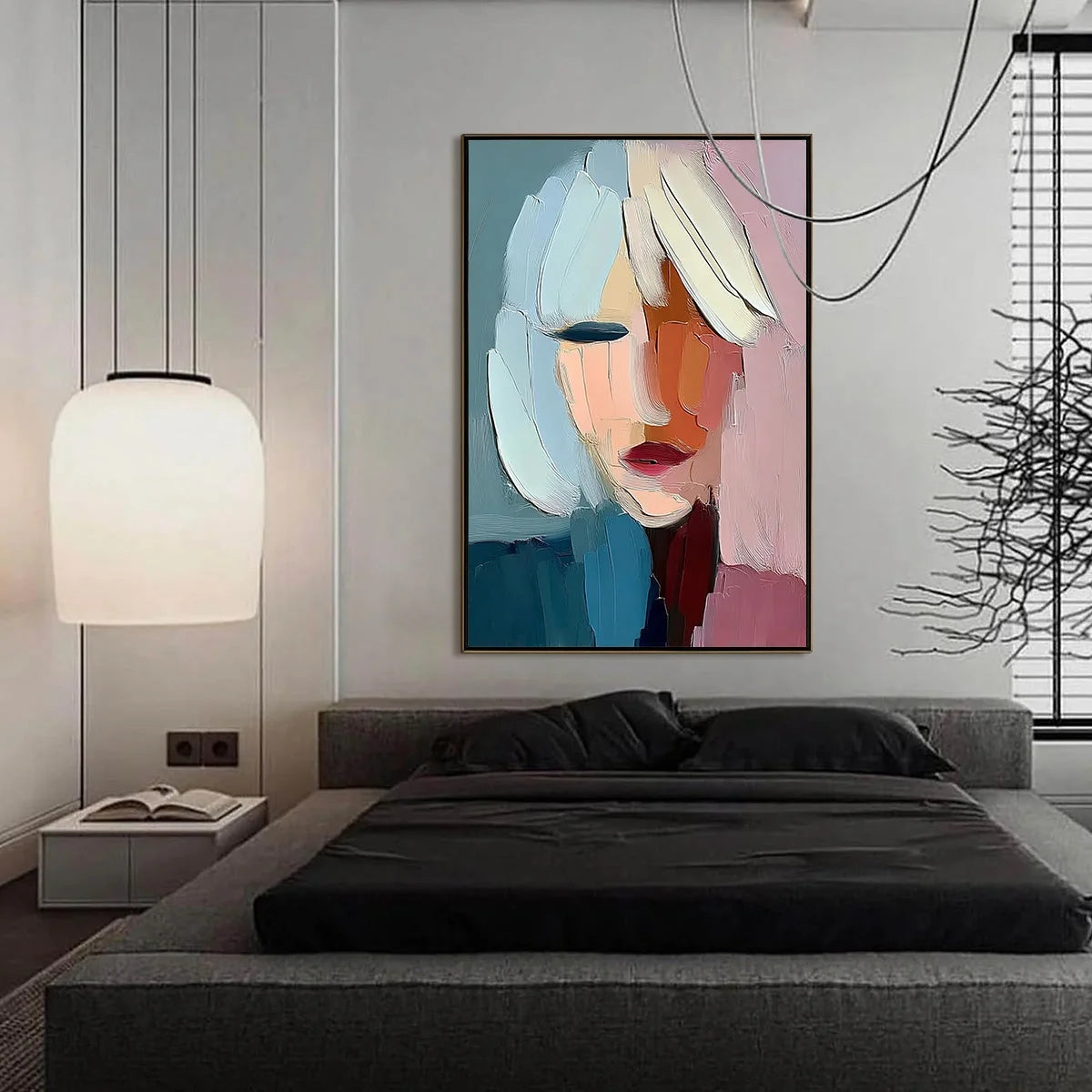 FRAGMENTED SERENITY: Colorful Abstract Portrait Impasto Oil Painting | black frame version on white wall