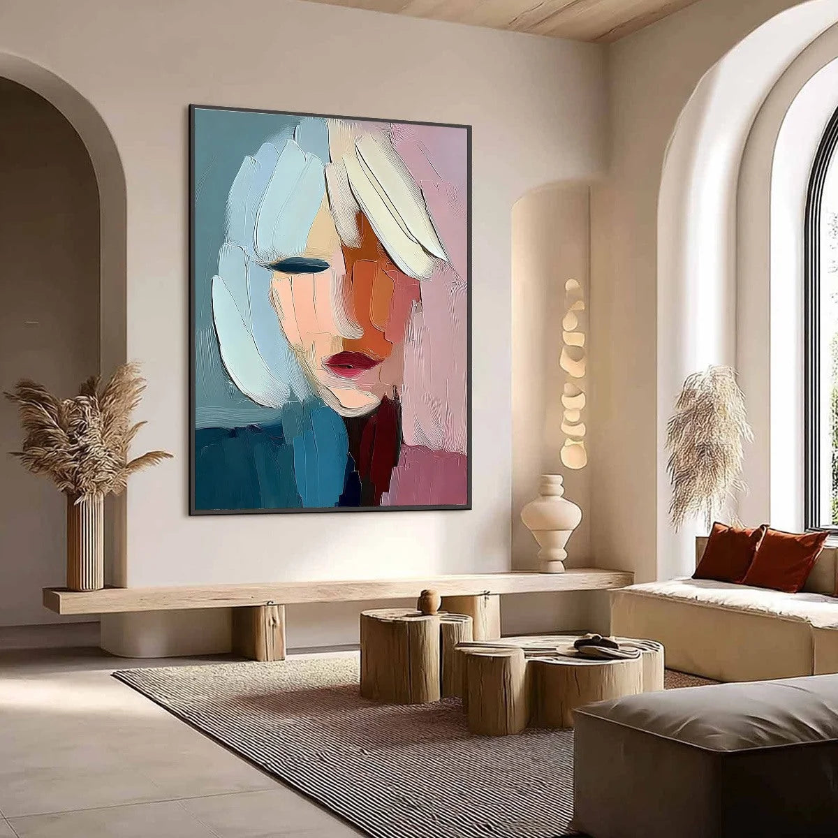 FRAGMENTED SERENITY: Colorful Abstract Portrait Impasto Oil Painting | Figurative mood, soft natural light studio shot
