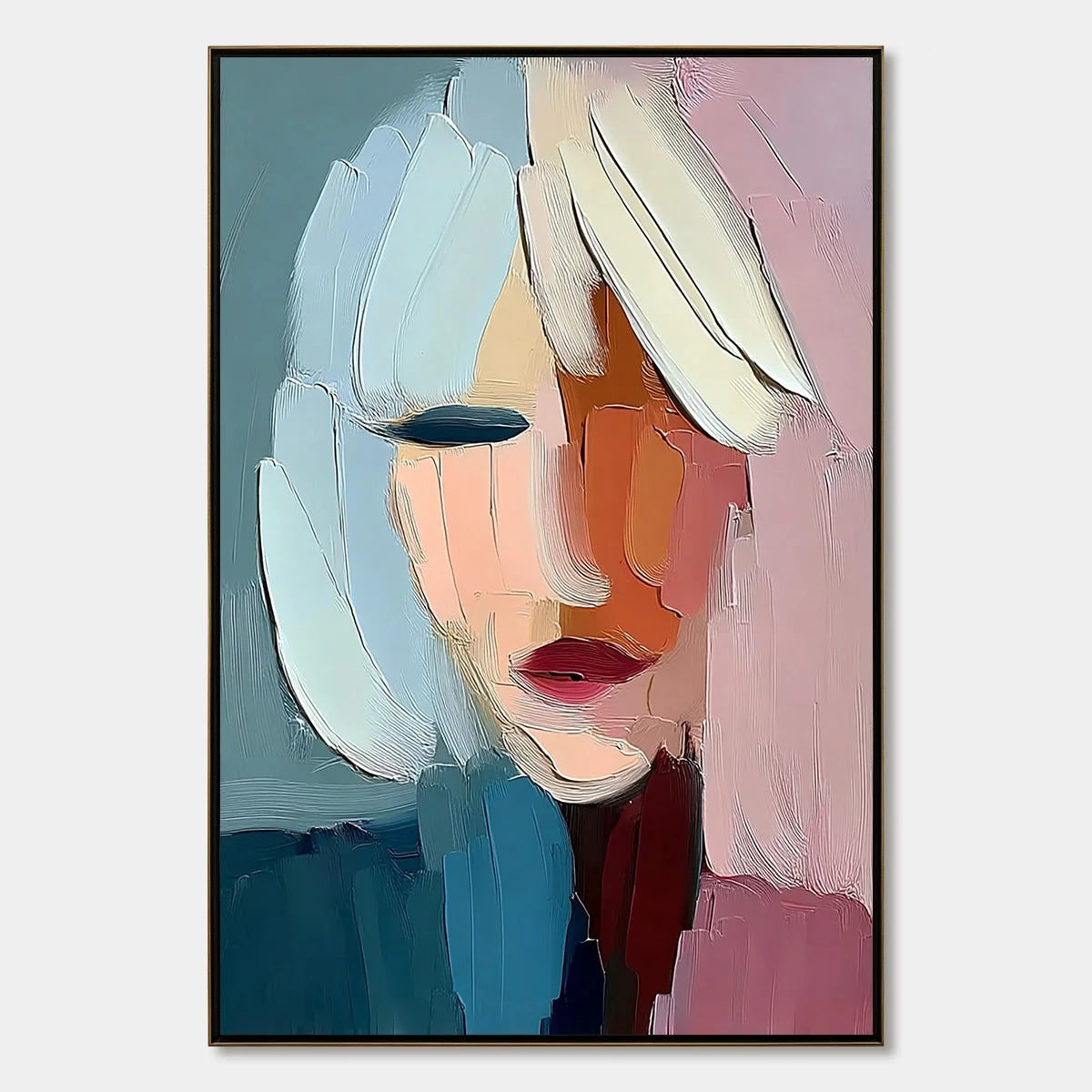 FRAGMENTED SERENITY: Colorful Abstract Portrait Impasto Oil Painting | hanging in living room, Figurative wall art
