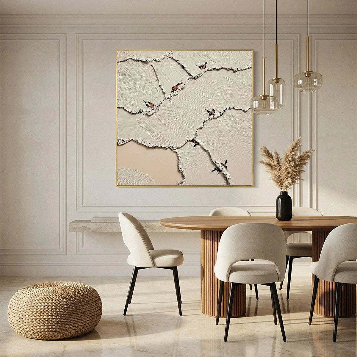 FRAGMENTS OF DAWN: Textured Wabi Sabi Painting of Perched Birds | gold frame stretched on neutral wall
