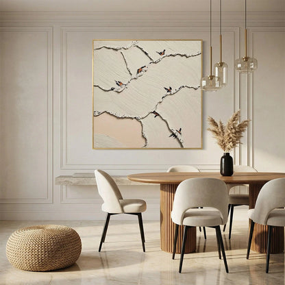 FRAGMENTS OF DAWN: Textured Wabi Sabi Painting of Perched Birds | gold frame stretched on neutral wall