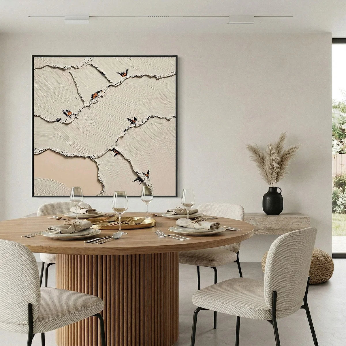 FRAGMENTS OF DAWN: Textured Wabi Sabi Painting of Perched Birds | black frame version on white wall