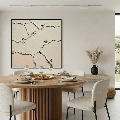 FRAGMENTS OF DAWN: Textured Wabi Sabi Painting of Perched Birds | black frame version on white wall