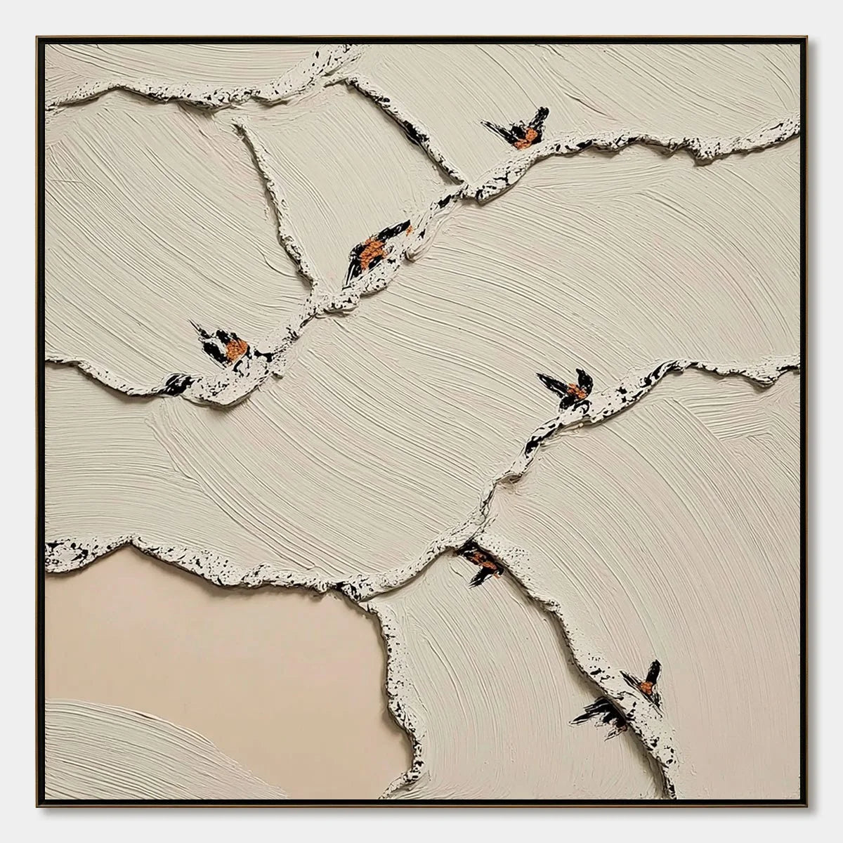 FRAGMENTS OF DAWN: Textured Wabi Sabi Painting of Perched Birds | hanging in living room, Abstract wall art