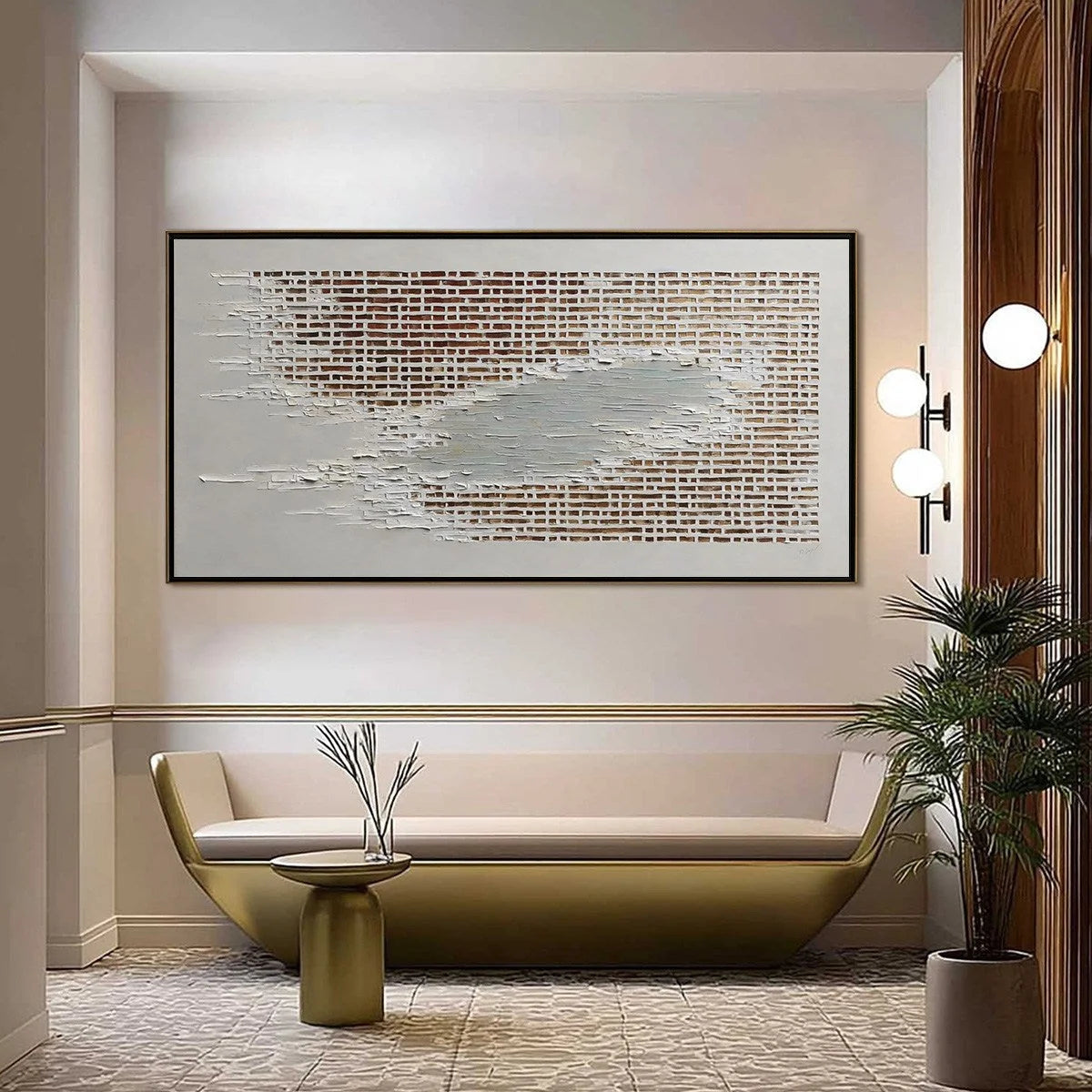 FRAGMENTS OF TIME: Textured Minimalist Architectural Abstract Painting | gold frame stretched on neutral wall