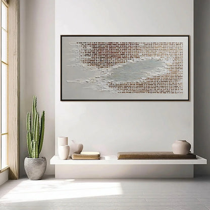 FRAGMENTS OF TIME: Textured Minimalist Architectural Abstract Painting | black frame version on white wall